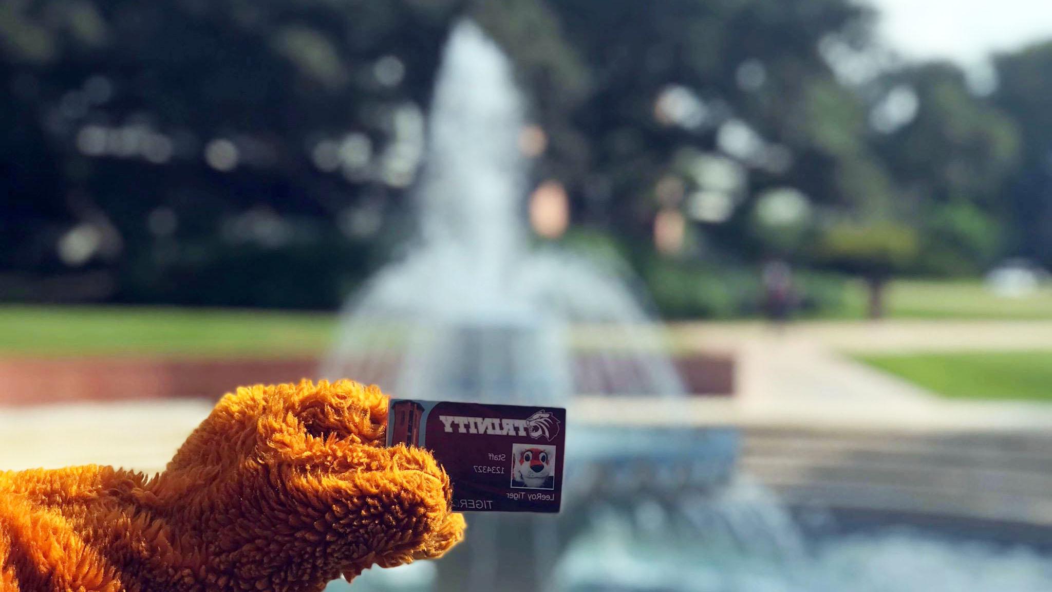 LeeRoy holding a Tiger Card in front of the fountain